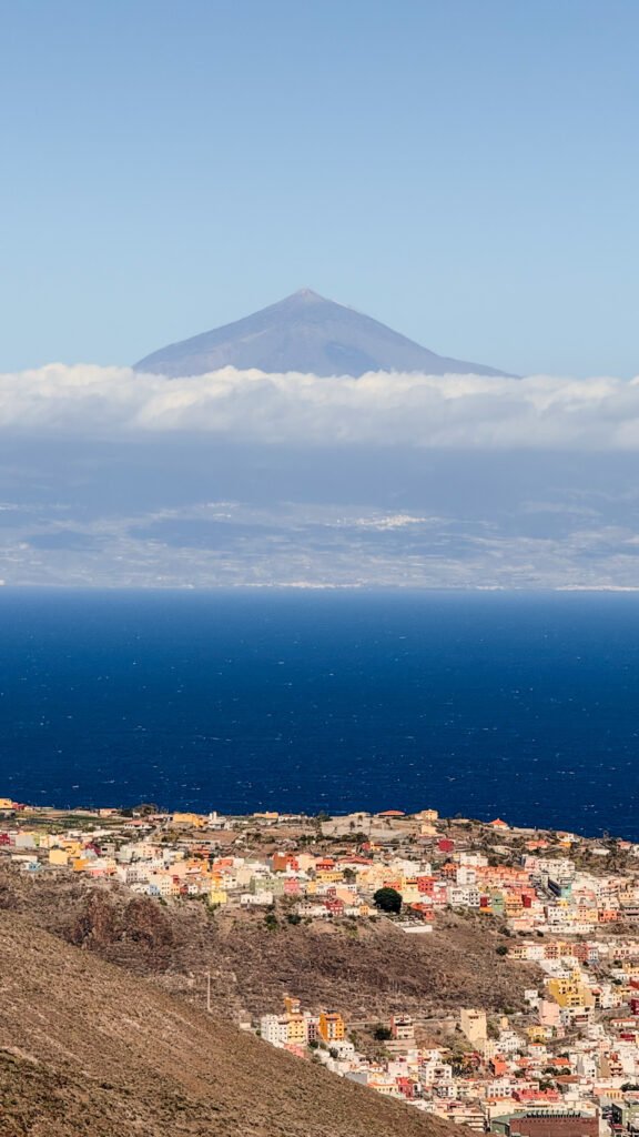 view of el teide volcano on tenerife from la gomera